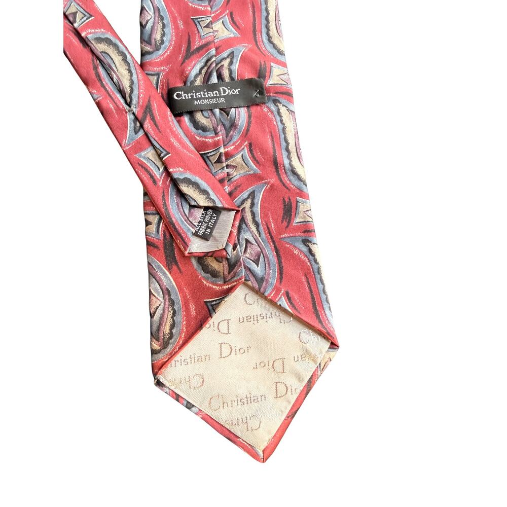 Christian Dior Monsieur Silk Tie Red Geo Pattern Made in Italy Vintage Designer